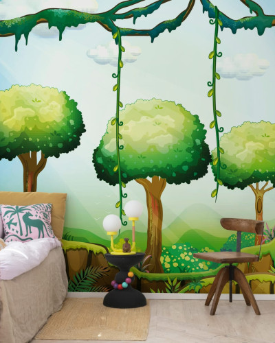 Tapetă verde cu design de pădure cu copaci înalți și liane