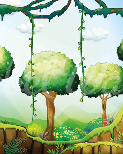 Tapetă verde cu design de pădure cu copaci înalți și liane