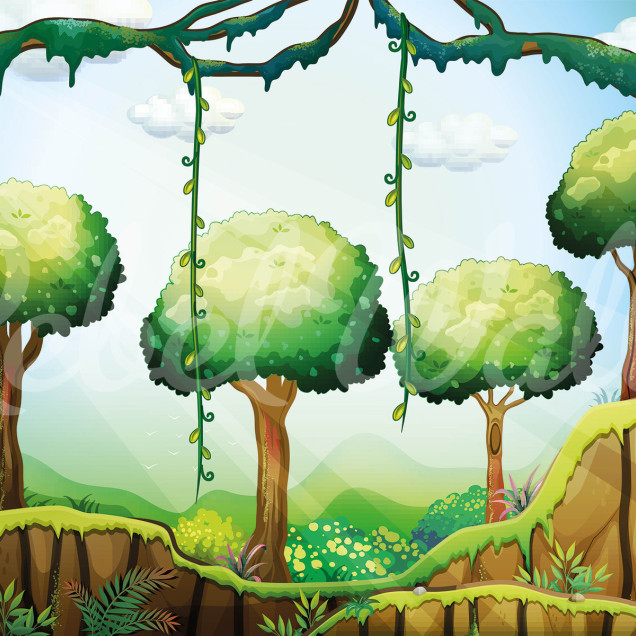 Tapetă verde cu design de pădure cu copaci înalți și liane