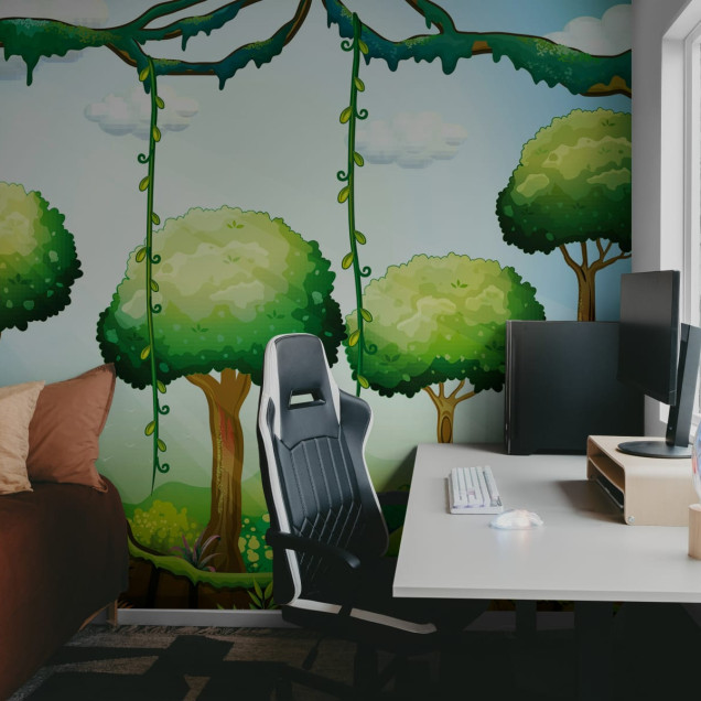 Tapetă verde cu design de pădure cu copaci înalți și liane