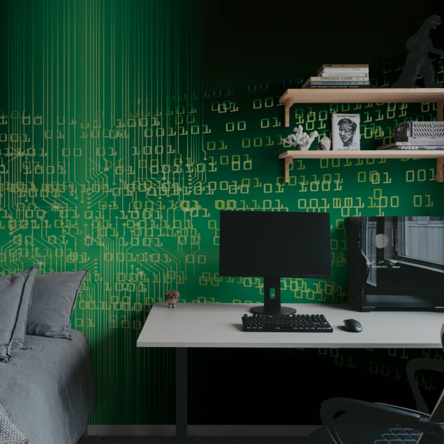 Tapet Code Green cu design minimalist, perfect pentru dormitor sau birou.