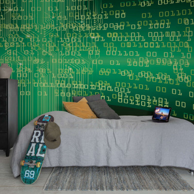 Tapet Code Green cu design minimalist, perfect pentru dormitor sau birou.