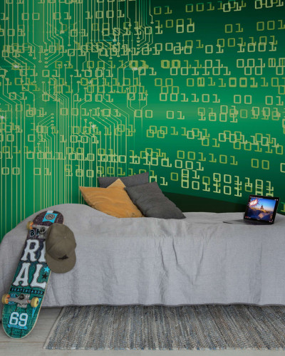 Tapet Code Green cu design minimalist, perfect pentru dormitor sau birou.