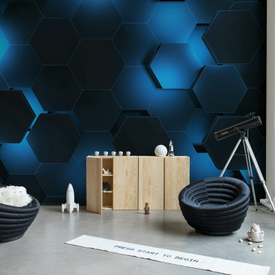 Fototapet cu design geometric modern în nuanțe de albastru închis cu accente luminoase, care creează un efect 3D unic.