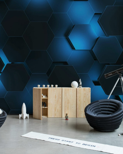 Fototapet cu design geometric modern în nuanțe de albastru închis cu accente luminoase, care creează un efect 3D unic.