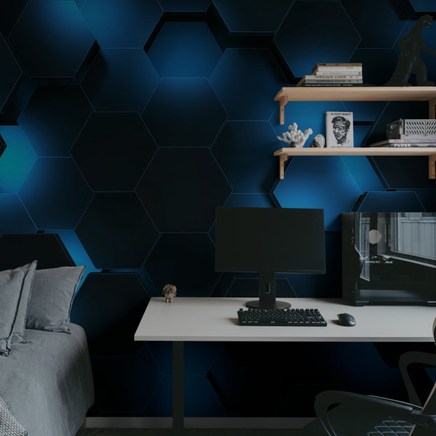 Fototapet cu design geometric modern în nuanțe de albastru închis cu accente luminoase, care creează un efect 3D unic.