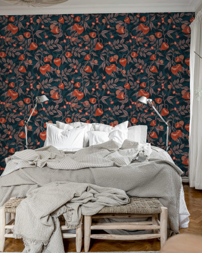 Tapet Rose Hip Garden, Red cu un design floral elegant și modern