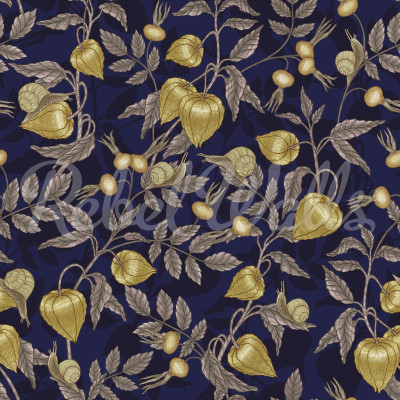 Tapet Rose Hip Garden, Blue, cu un design delicat de flori aurii pe un fundal albastru închis.