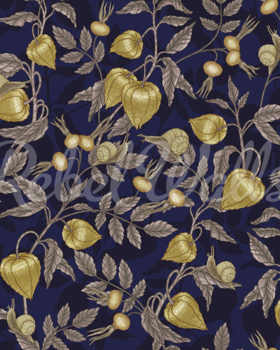 Tapet Rose Hip Garden, Blue, cu un design delicat de flori aurii pe un fundal albastru închis.