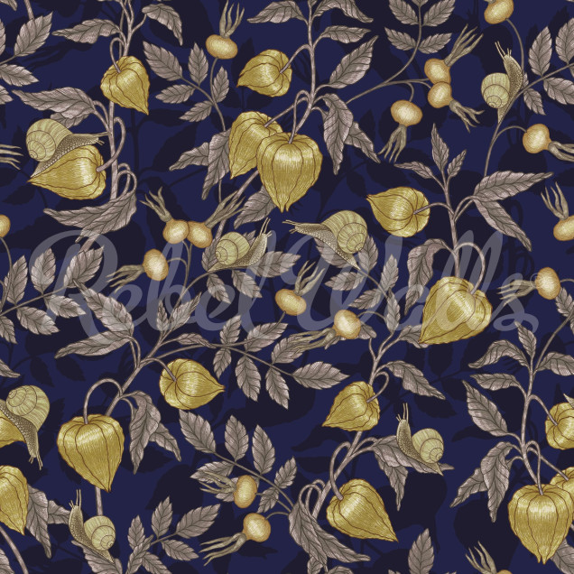 Tapet Rose Hip Garden, Blue, cu un design delicat de flori aurii pe un fundal albastru închis.
