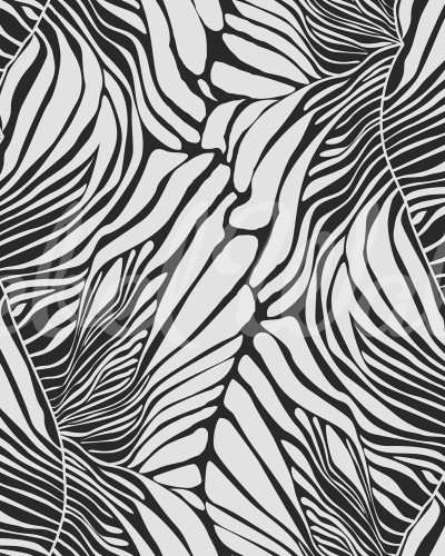 Tapet abstract Seagrass, Graphite, cu model de frunze curbate in tonuri de gri, in interiorul unui dormitor modern.