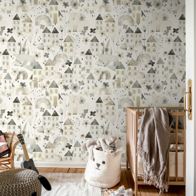 Tapet Fox Village Gray cu modele delicate și culori pastelate, ideal pentru camera de bebelusi sau camera copiilor.