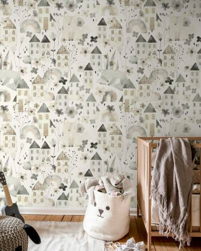 Tapet Fox Village Gray cu modele delicate și culori pastelate, ideal pentru camera de bebelusi sau camera copiilor.