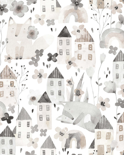 Tapet Fox Village Gray cu modele delicate și culori pastelate, ideal pentru camera de bebelusi sau camera copiilor.
