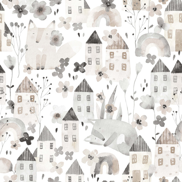 Tapet Fox Village Gray cu modele delicate și culori pastelate, ideal pentru camera de bebelusi sau camera copiilor.