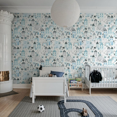 Fox Village Blue Wallpaper