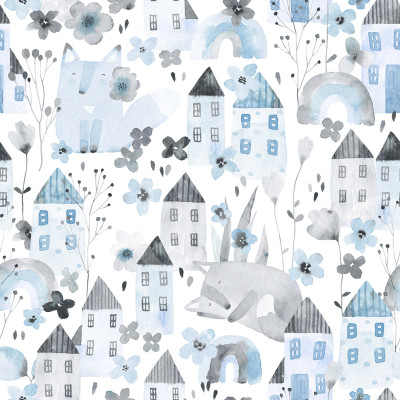 Fox Village Blue Wallpaper