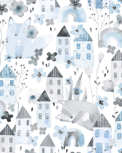 Fox Village Blue Wallpaper