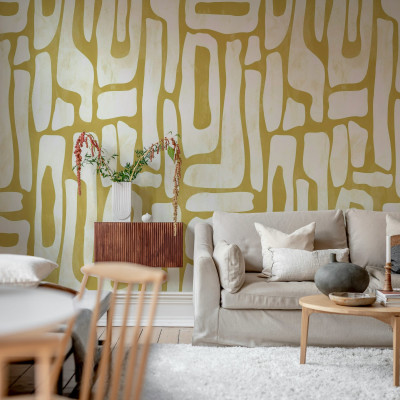Tapet geometric galben cu forme abstracte.