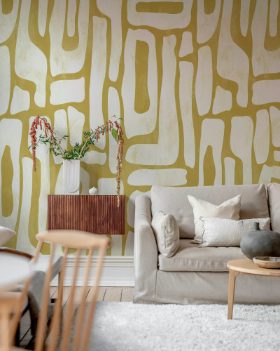 Tapet geometric galben cu forme abstracte.