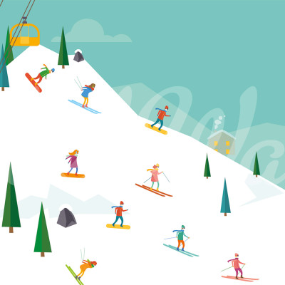 Tapet Winter Holiday, Multi cu un peisaj montan cu pârtii de schi și oameni care se bucură de sporturile de iarnă.