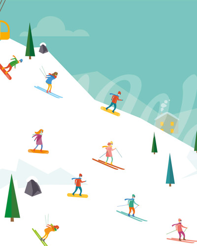 Tapet Winter Holiday, Multi cu un peisaj montan cu pârtii de schi și oameni care se bucură de sporturile de iarnă.
