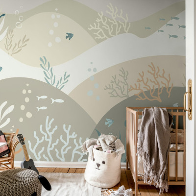 Tapet cu design minimalist, Sea Hills, Sand Beige, cu imagini delicate de pești, corali și alge.