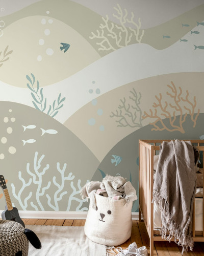 Tapet cu design minimalist, Sea Hills, Sand Beige, cu imagini delicate de pești, corali și alge.
