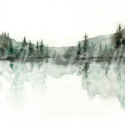 Imagine cu tapet watercolor cu design de pădure verde. Tapetul este lipit pe peretele unei camere amenajate în stil modern, cu canapea albă, fotolii albe și o masă de cafea din lemn.