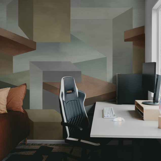 Tapet geometric bej cu forme simple si un efect 3D.