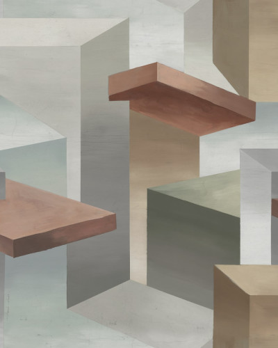 Tapet geometric bej cu forme simple si un efect 3D.