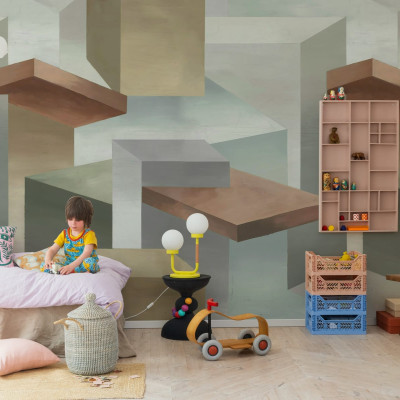 Tapet geometric bej cu forme simple si un efect 3D.