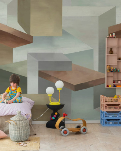 Tapet geometric bej cu forme simple si un efect 3D.