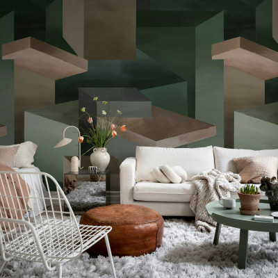 Tapet geometric cu design modern și culori închise într-un living