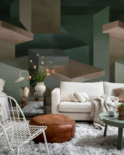 Tapet geometric cu design modern și culori închise într-un living