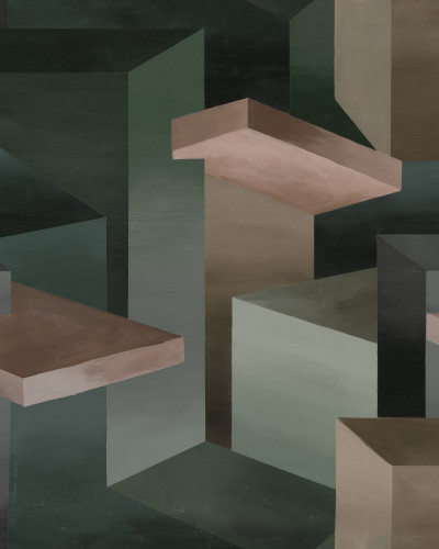 Tapet geometric cu design modern și culori închise într-un living