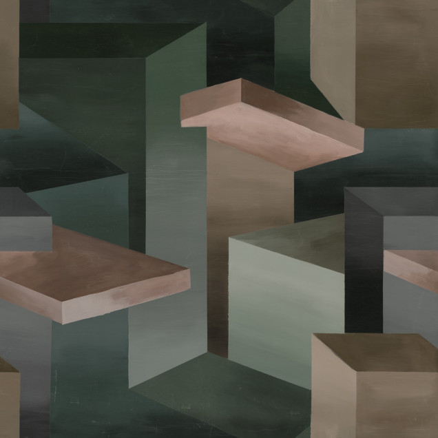 Tapet geometric cu design modern și culori închise într-un living