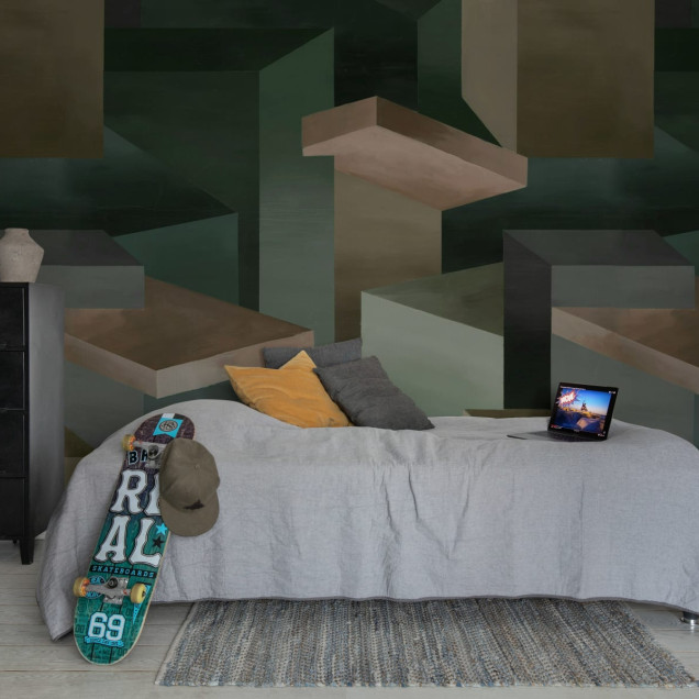 Tapet geometric cu design modern și culori închise într-un living