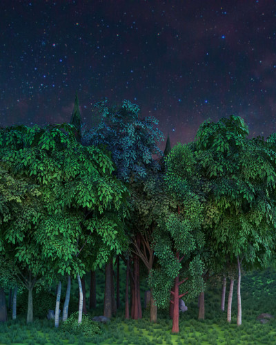 Wallpaper cu o pădure sub un cer înstelat, în culori deschise și luminoase.