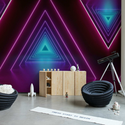 Tapet cu design abstract, triunghiuri cu lumini neon, albastru si roz