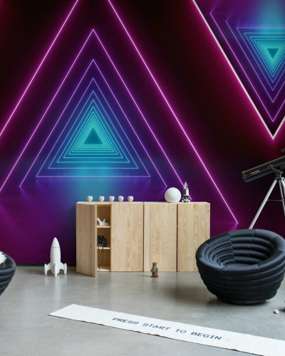 Tapet cu design abstract, triunghiuri cu lumini neon, albastru si roz