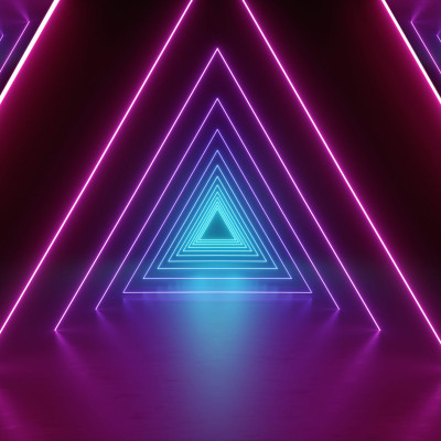 Tapet cu design abstract, triunghiuri cu lumini neon, albastru si roz