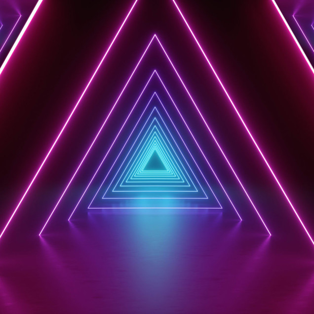 Tapet cu design abstract, triunghiuri cu lumini neon, albastru si roz