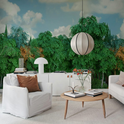 Tapet Gaming Woods, Fall, cu design realist de padure cu frunze verzi si aurii si cer senin.
