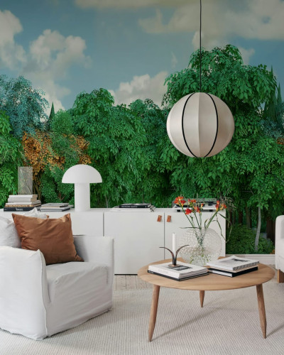Tapet Gaming Woods, Fall, cu design realist de padure cu frunze verzi si aurii si cer senin.