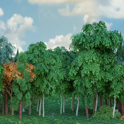Tapet Gaming Woods, Fall, cu design realist de padure cu frunze verzi si aurii si cer senin.
