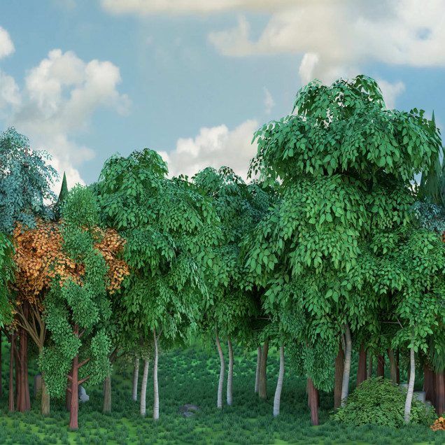 Tapet Gaming Woods, Fall, cu design realist de padure cu frunze verzi si aurii si cer senin.