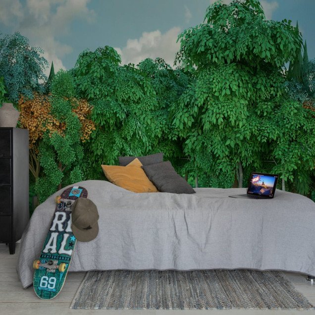 Tapet Gaming Woods, Fall, cu design realist de padure cu frunze verzi si aurii si cer senin.