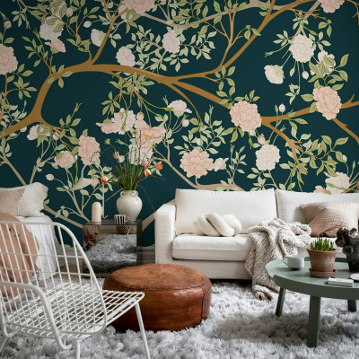 Tapet cu design minimalist inspirat din grădinile japoneze, cu ramuri delicate și flori pastelate