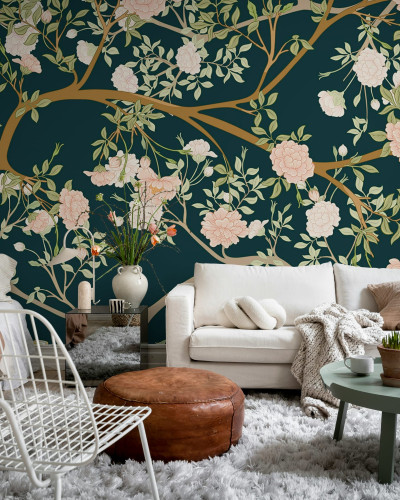 Tapet cu design minimalist inspirat din grădinile japoneze, cu ramuri delicate și flori pastelate